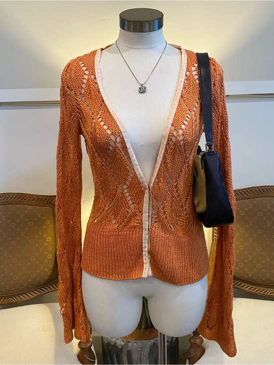 CAbi Sweaters - CAbi Vintage Rust Orange Open-Knit Women's Cardigan Bell Sleeves, Style 599